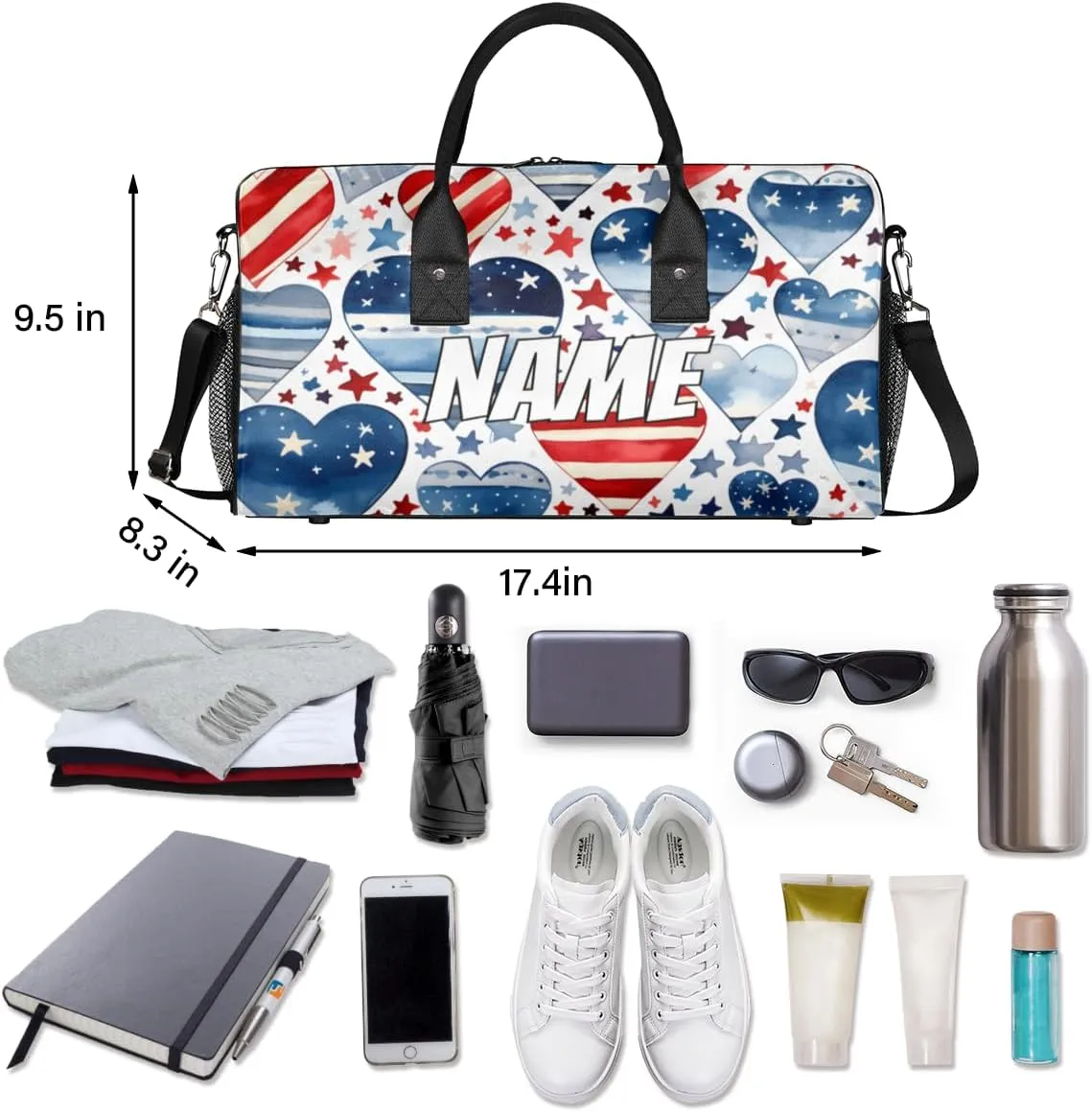 Personalized 4th of July USA Flag Travel Duffel Bag with Name, Custom Gym Sport Bag Heart Star Carry On Weekend Overnight Duffel Bag for Men Women