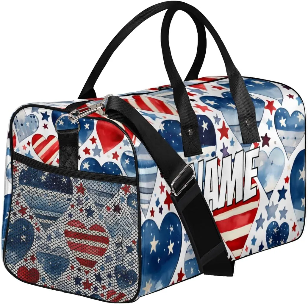 Personalized 4th of July USA Flag Travel Duffel Bag with Name, Custom Gym Sport Bag Heart Star Carry On Weekend Overnight Duffel Bag for Men Women