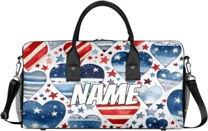 Personalized 4th of July USA Flag Travel Duffel Bag with Name, Custom Gym Sport Bag Heart Star Carry On Weekend Overnight Duffel Bag for Men Women