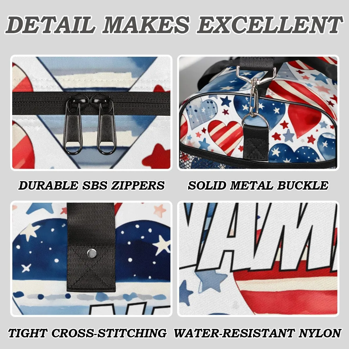 Personalized 4th of July USA Flag Travel Duffel Bag with Name, Custom Gym Sport Bag Heart Star Carry On Weekend Overnight Duffel Bag for Men Women