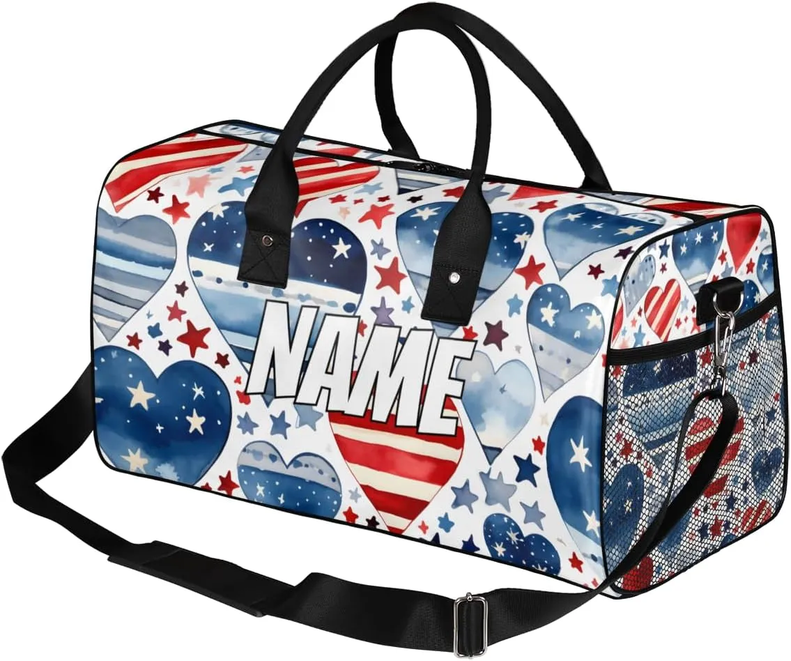 Personalized 4th of July USA Flag Travel Duffel Bag with Name, Custom Gym Sport Bag Heart Star Carry On Weekend Overnight Duffel Bag for Men Women
