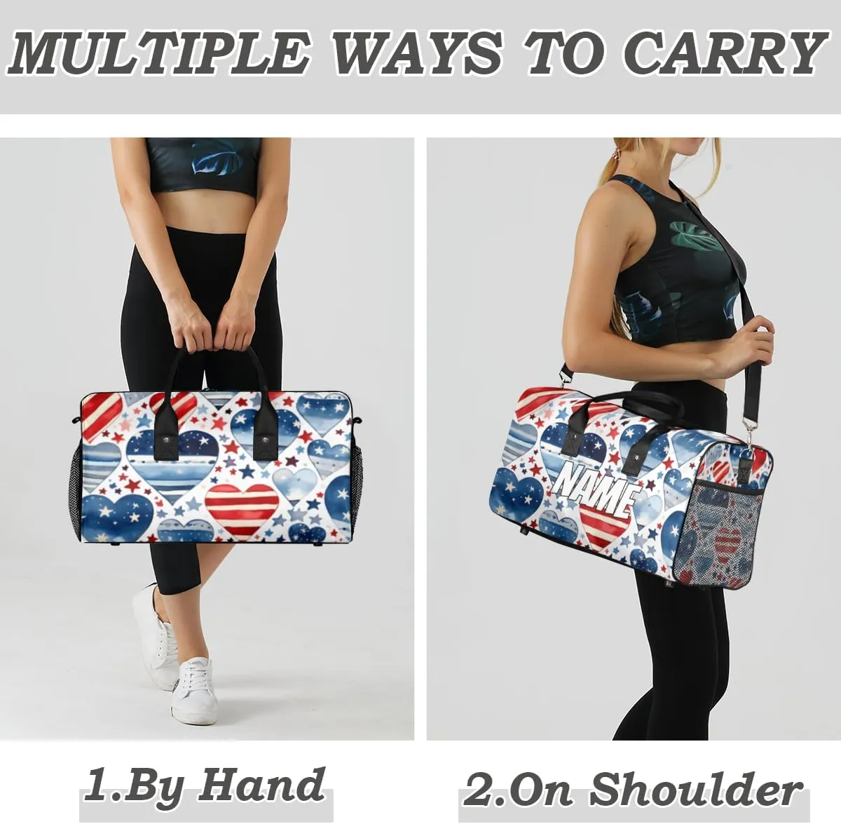 Personalized 4th of July USA Flag Travel Duffel Bag with Name, Custom Gym Sport Bag Heart Star Carry On Weekend Overnight Duffel Bag for Men Women
