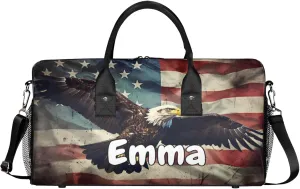 Personalized American Flag Eagles Travel Duffel Bag with Name, Custom Gym Sport Bag Memorial Carry On Weekend Overnight Duffel Bag for Men Women