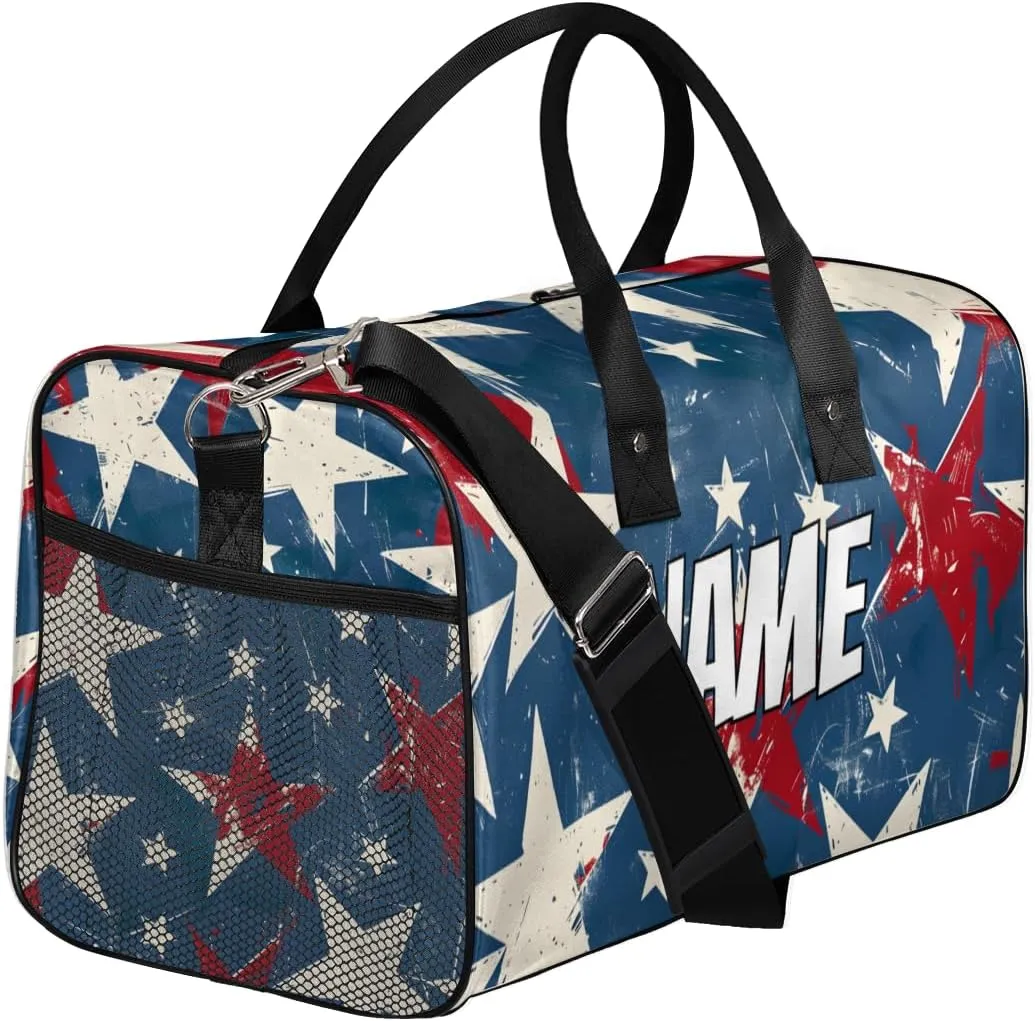 Personalized American Memorialize Travel Duffel Bag with Name, Custom Gym Sport Bag 4th of July Carry On Weekend Overnight Duffel Bag for Men Women