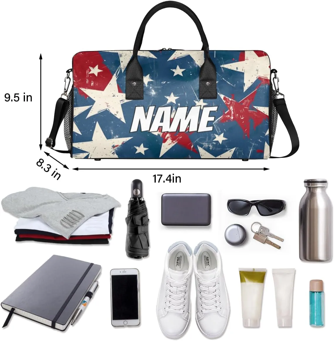Personalized American Memorialize Travel Duffel Bag with Name, Custom Gym Sport Bag 4th of July Carry On Weekend Overnight Duffel Bag for Men Women