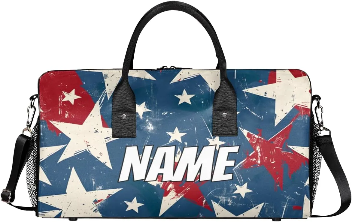 Personalized American Memorialize Travel Duffel Bag with Name, Custom Gym Sport Bag 4th of July Carry On Weekend Overnight Duffel Bag for Men Women
