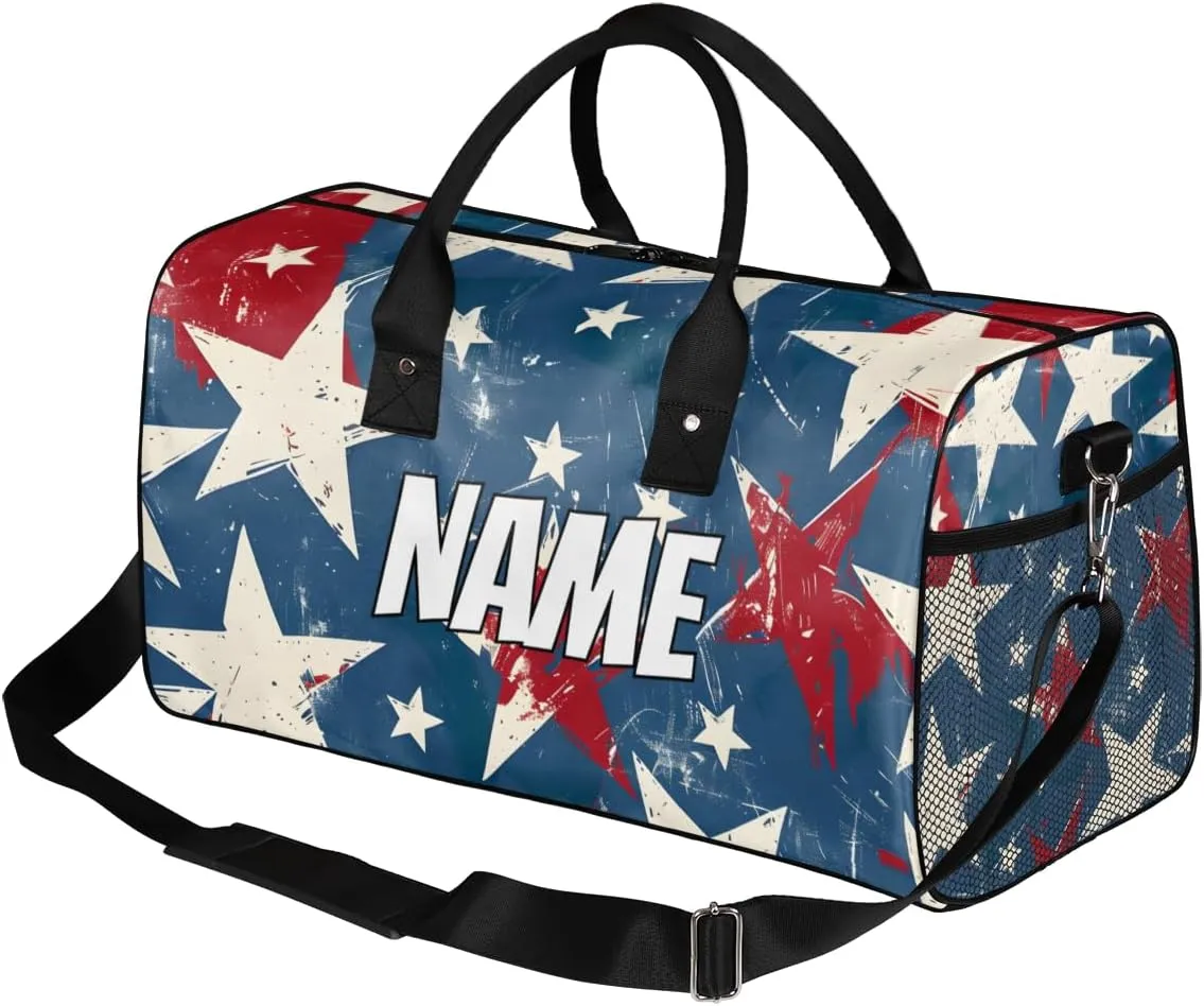 Personalized American Memorialize Travel Duffel Bag with Name, Custom Gym Sport Bag 4th of July Carry On Weekend Overnight Duffel Bag for Men Women