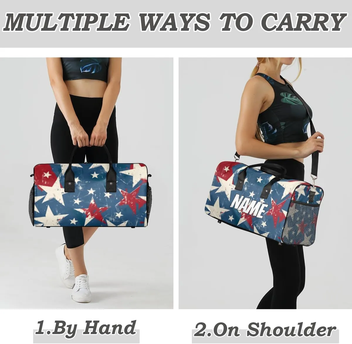 Personalized American Memorialize Travel Duffel Bag with Name, Custom Gym Sport Bag 4th of July Carry On Weekend Overnight Duffel Bag for Men Women