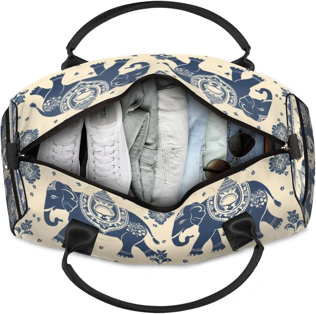 Personalized Animals Elephants Travel Duffel Bag with Name, Custom Gym Sport Bag Retro Bohemian Carry On Weekend Overnight Duffel Bag for Men Women