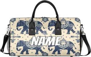 Personalized Animals Elephants Travel Duffel Bag with Name, Custom Gym Sport Bag Retro Bohemian Carry On Weekend Overnight Duffel Bag for Men Women