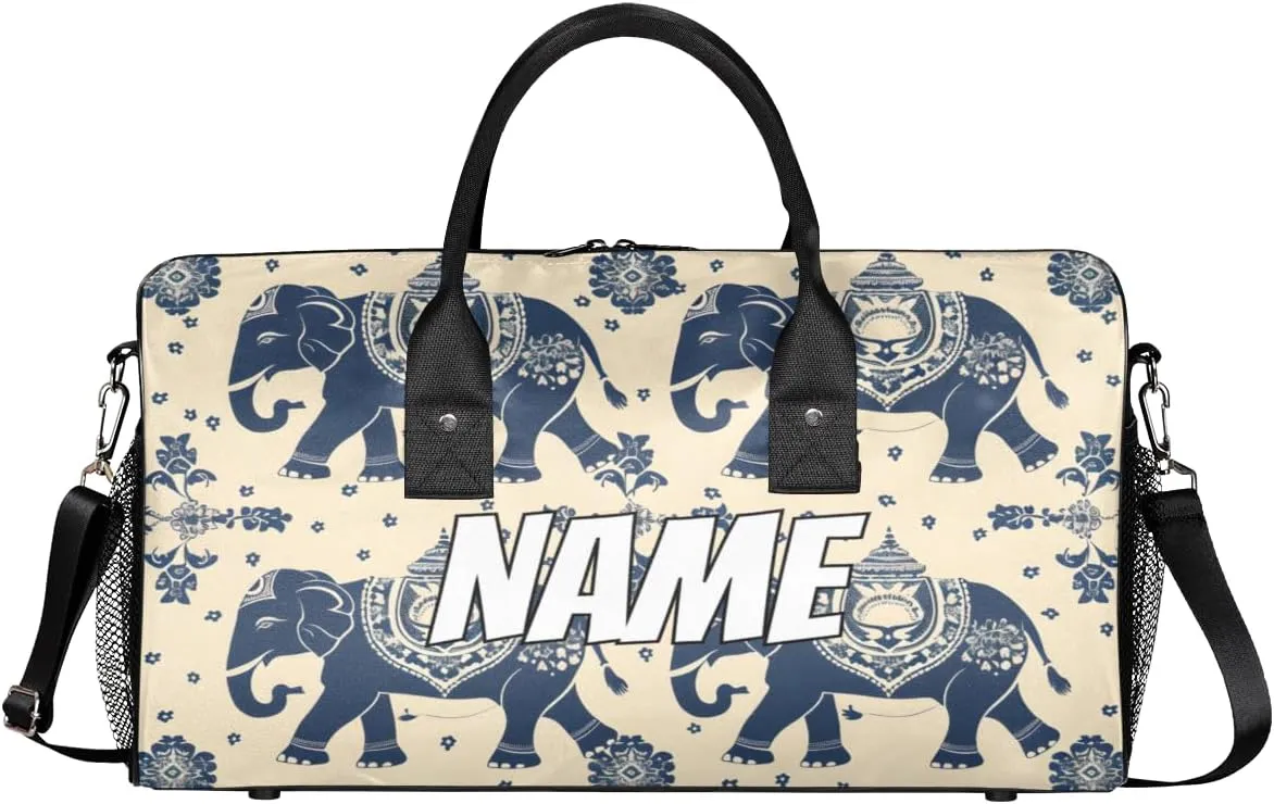 Personalized Animals Elephants Travel Duffel Bag with Name, Custom Gym Sport Bag Retro Bohemian Carry On Weekend Overnight Duffel Bag for Men Women