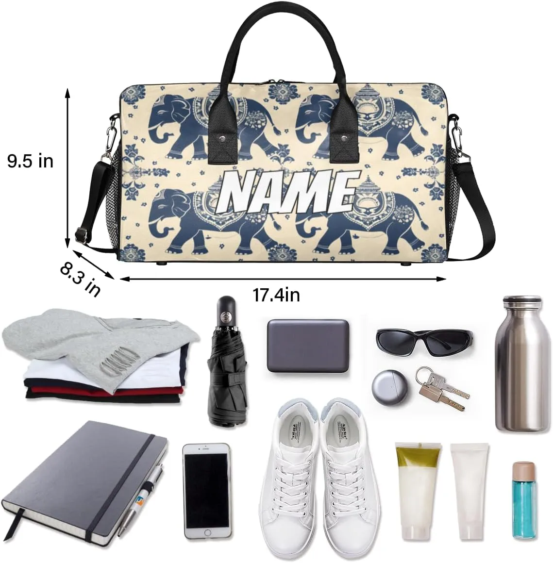 Personalized Animals Elephants Travel Duffel Bag with Name, Custom Gym Sport Bag Retro Bohemian Carry On Weekend Overnight Duffel Bag for Men Women
