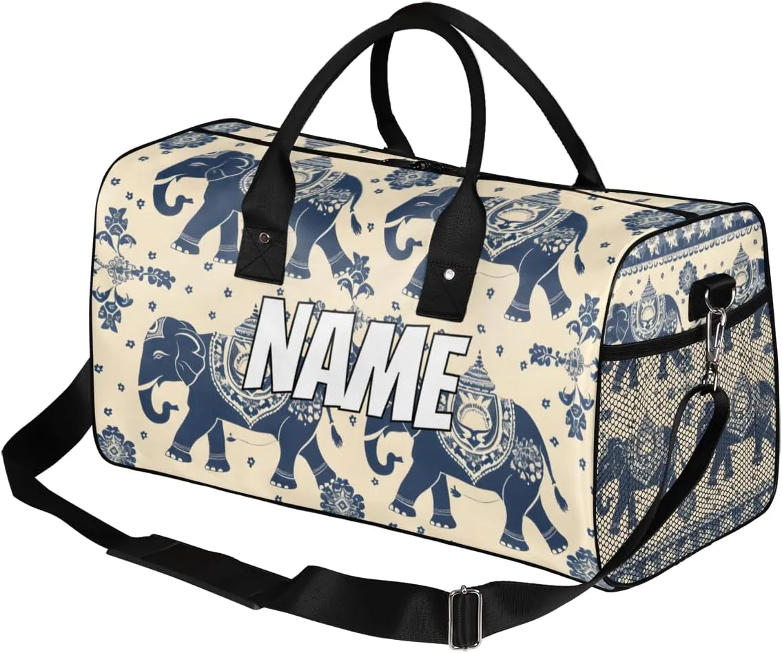 Personalized Animals Elephants Travel Duffel Bag with Name, Custom Gym Sport Bag Retro Bohemian Carry On Weekend Overnight Duffel Bag for Men Women