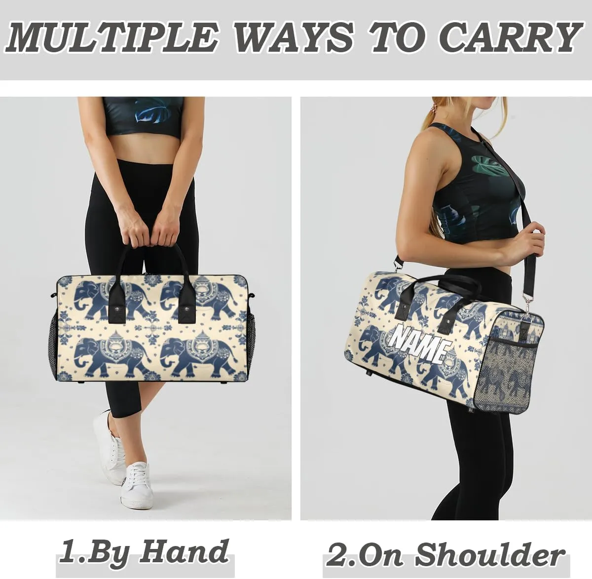 Personalized Animals Elephants Travel Duffel Bag with Name, Custom Gym Sport Bag Retro Bohemian Carry On Weekend Overnight Duffel Bag for Men Women