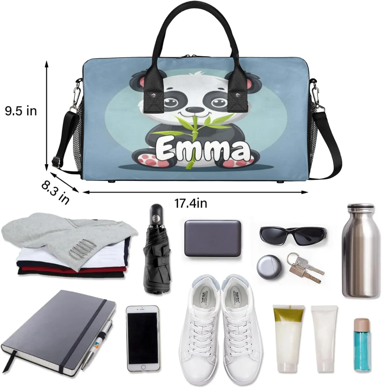 Personalized Asian Panda Travel Duffel Bag with Name, Custom Gym Sport Bag Cute Pandas Carry On Weekend Overnight Duffel Bag for Men Women