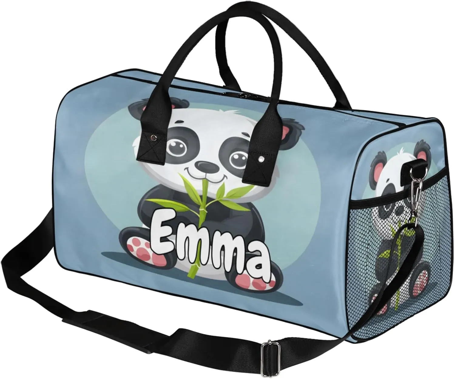 Personalized Asian Panda Travel Duffel Bag with Name, Custom Gym Sport Bag Cute Pandas Carry On Weekend Overnight Duffel Bag for Men Women