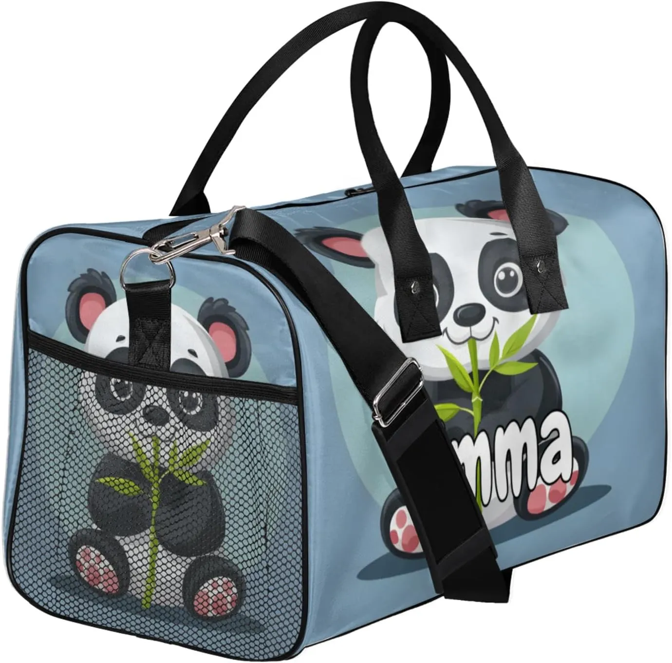 Personalized Asian Panda Travel Duffel Bag with Name, Custom Gym Sport Bag Cute Pandas Carry On Weekend Overnight Duffel Bag for Men Women