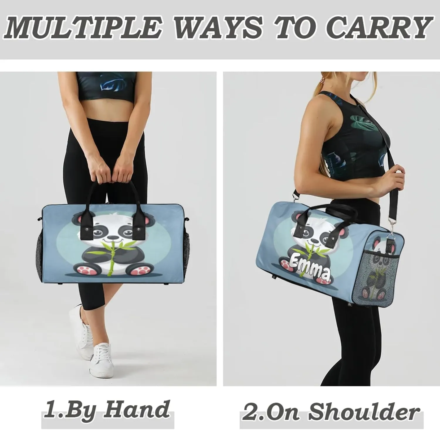 Personalized Asian Panda Travel Duffel Bag with Name, Custom Gym Sport Bag Cute Pandas Carry On Weekend Overnight Duffel Bag for Men Women