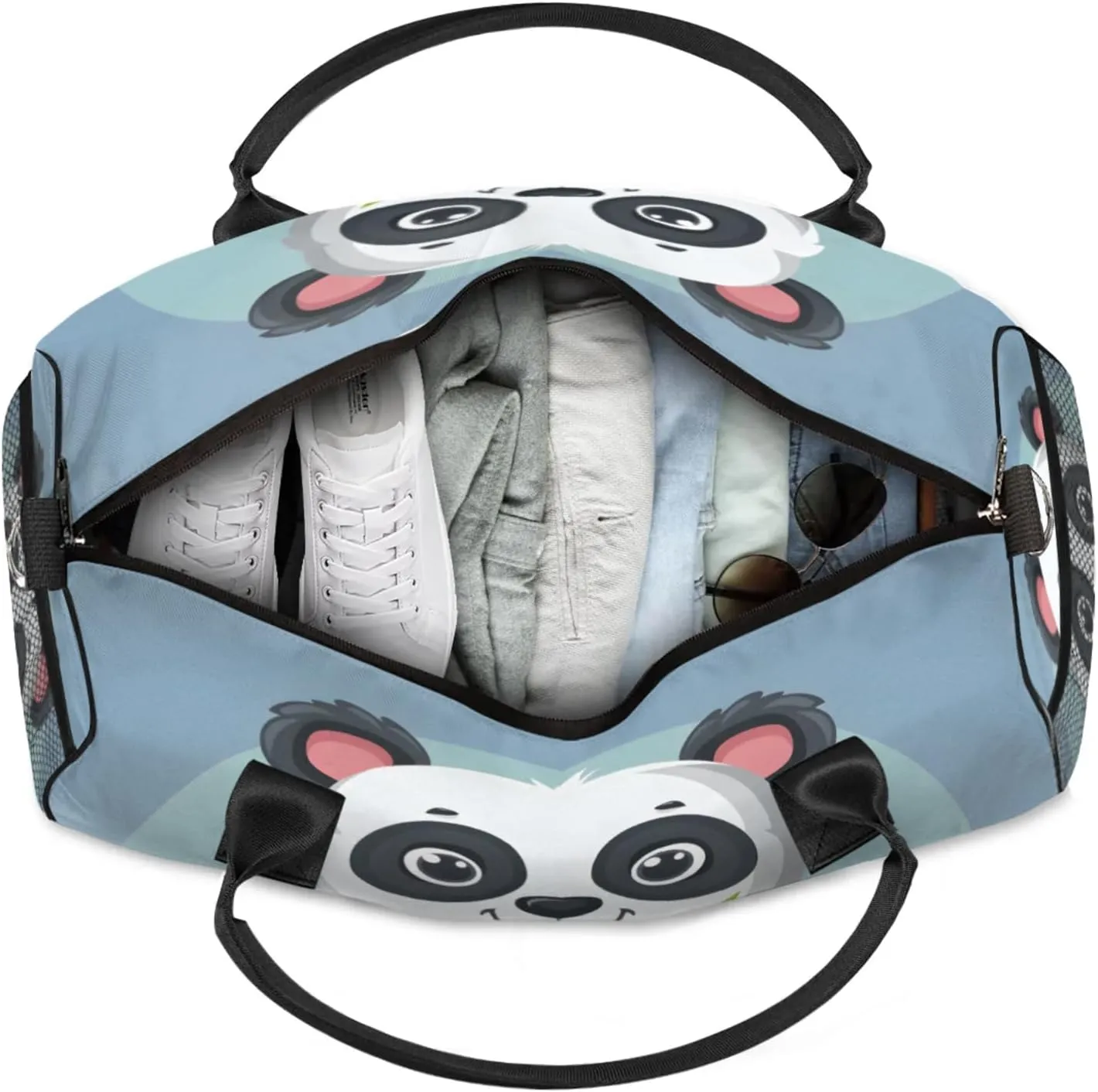 Personalized Asian Panda Travel Duffel Bag with Name, Custom Gym Sport Bag Cute Pandas Carry On Weekend Overnight Duffel Bag for Men Women