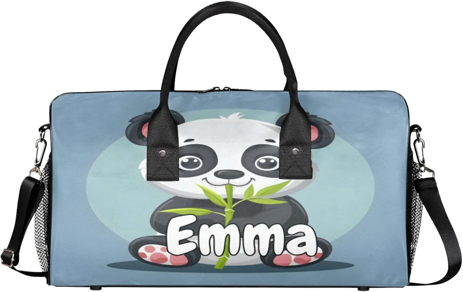 Personalized Asian Panda Travel Duffel Bag with Name, Custom Gym Sport Bag Cute Pandas Carry On Weekend Overnight Duffel Bag for Men Women