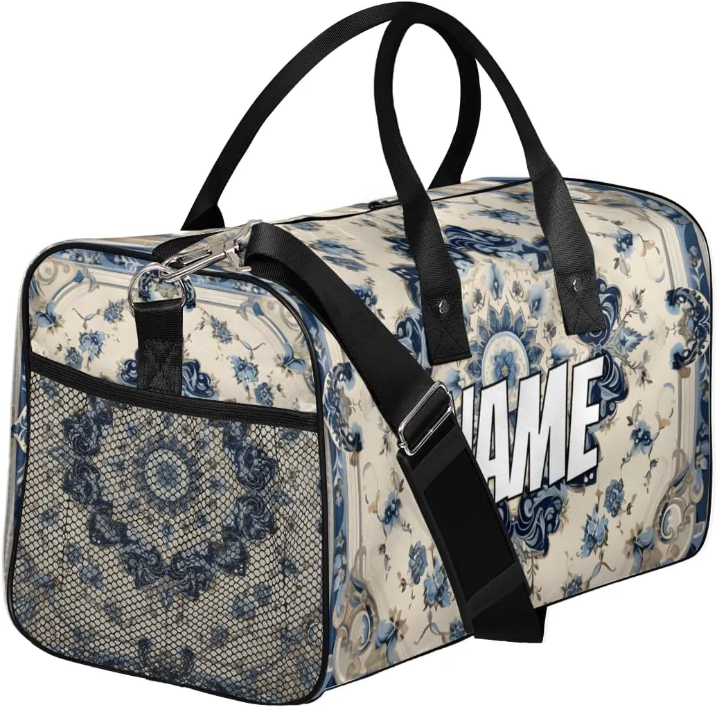 Personalized Aztec Flower Travel Duffel Bag with Name, Custom Gym Sport Bag Retro Tribe Carry On Weekend Overnight Duffel Bag for Men Women