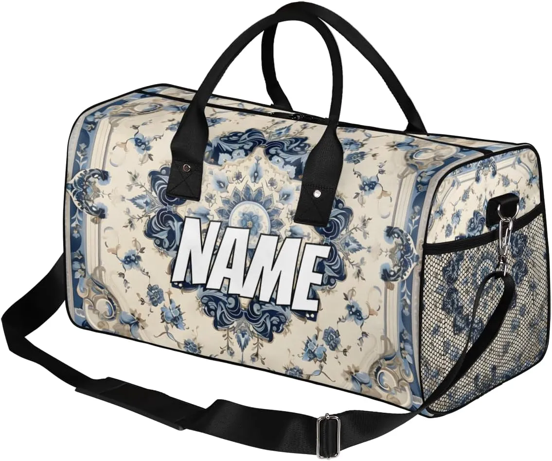 Personalized Aztec Flower Travel Duffel Bag with Name, Custom Gym Sport Bag Retro Tribe Carry On Weekend Overnight Duffel Bag for Men Women