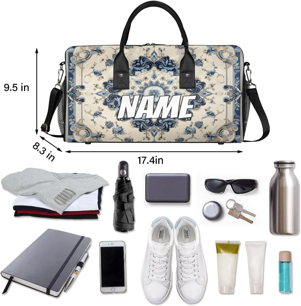 Personalized Aztec Flower Travel Duffel Bag with Name, Custom Gym Sport Bag Retro Tribe Carry On Weekend Overnight Duffel Bag for Men Women