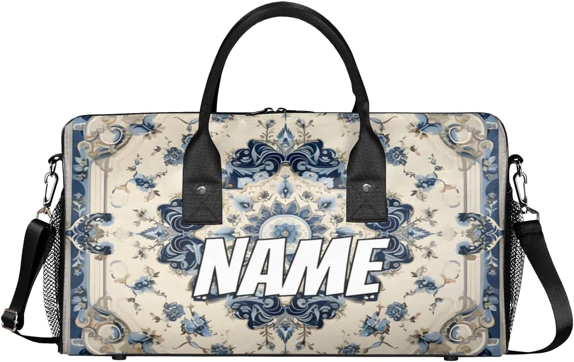 Personalized Aztec Flower Travel Duffel Bag with Name, Custom Gym Sport Bag Retro Tribe Carry On Weekend Overnight Duffel Bag for Men Women