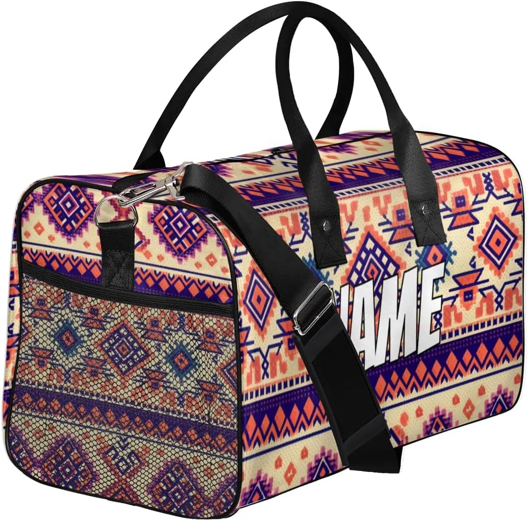 Personalized Aztec Tribe Travel Duffel Bag with Name, Custom Gym Sport Bag Retro Style Carry On Weekend Overnight Duffel Bag for Men Women