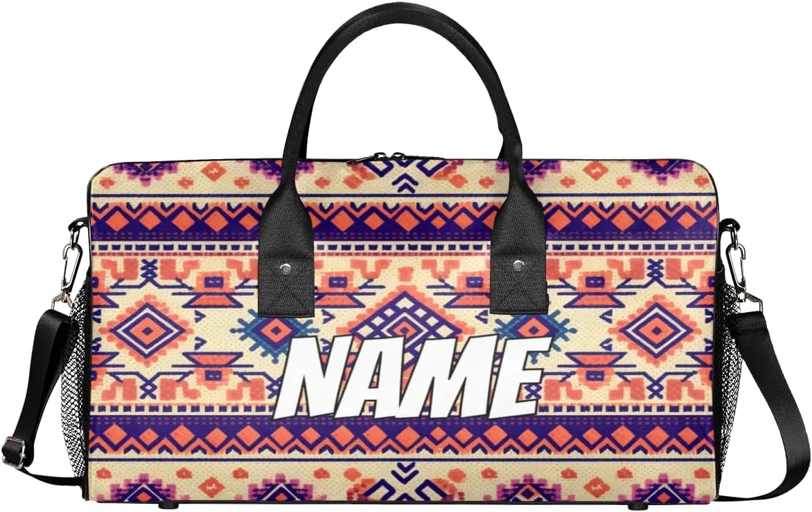 Personalized Aztec Tribe Travel Duffel Bag with Name, Custom Gym Sport Bag Retro Style Carry On Weekend Overnight Duffel Bag for Men Women