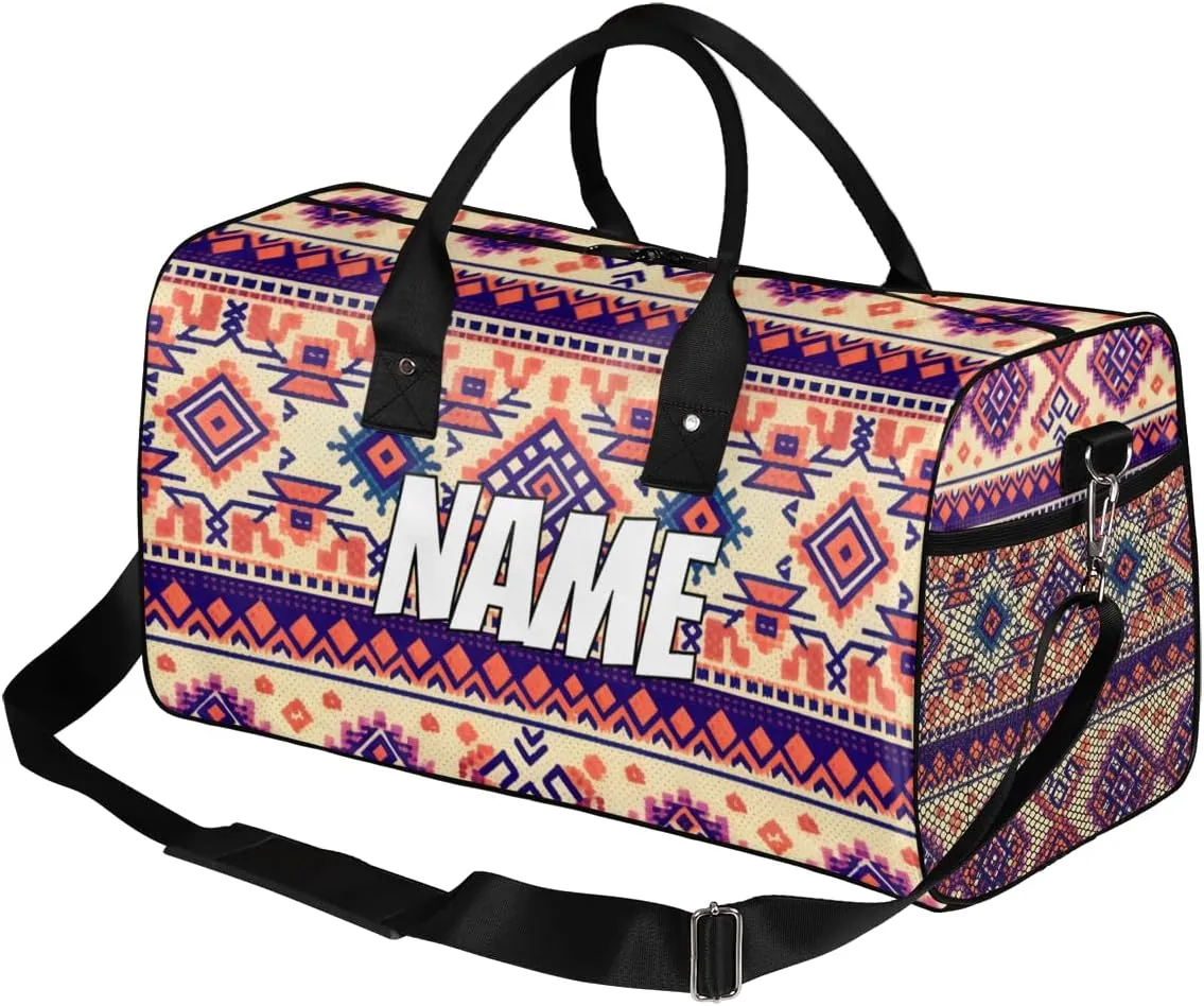 Personalized Aztec Tribe Travel Duffel Bag with Name, Custom Gym Sport Bag Retro Style Carry On Weekend Overnight Duffel Bag for Men Women