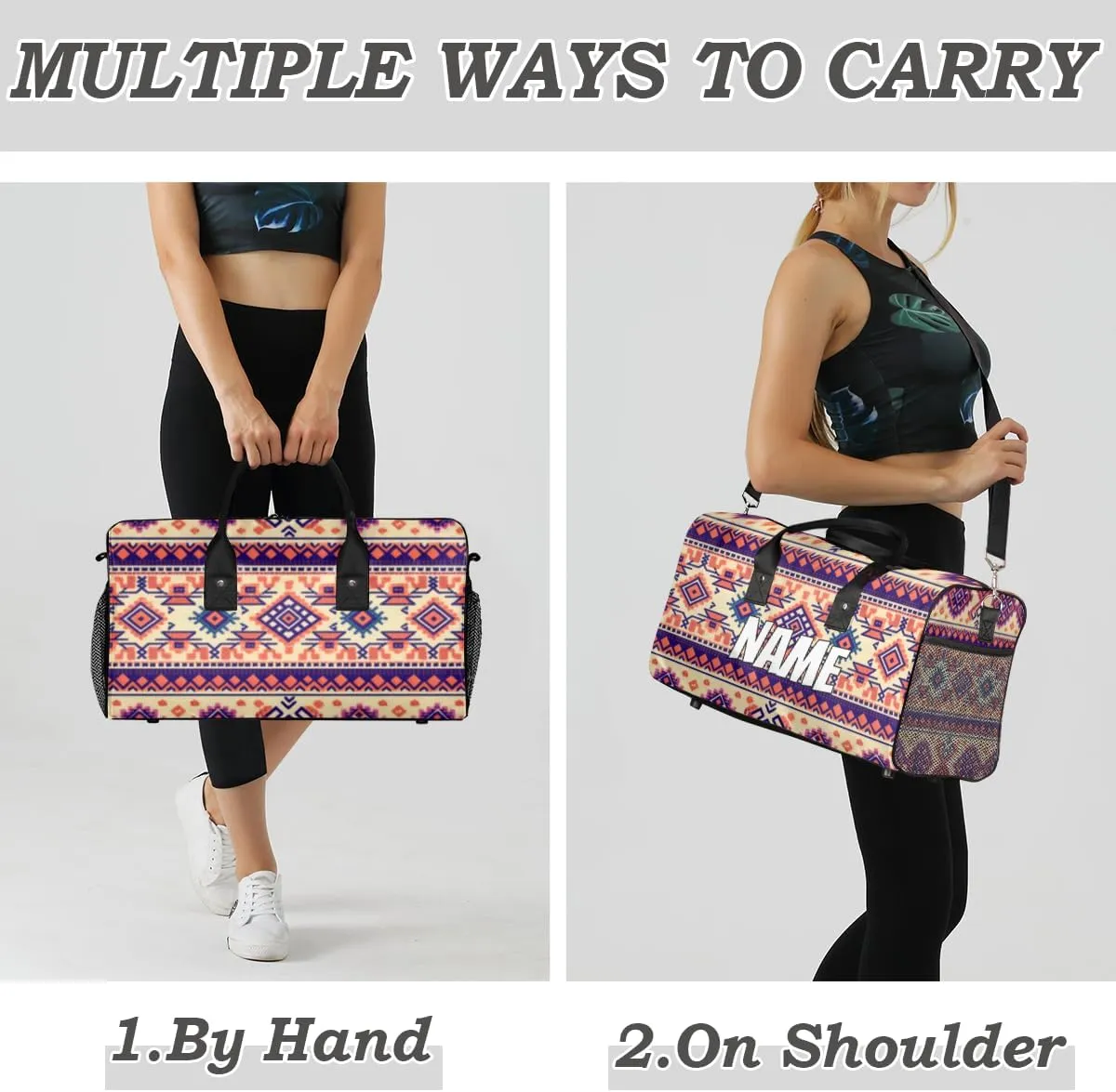 Personalized Aztec Tribe Travel Duffel Bag with Name, Custom Gym Sport Bag Retro Style Carry On Weekend Overnight Duffel Bag for Men Women