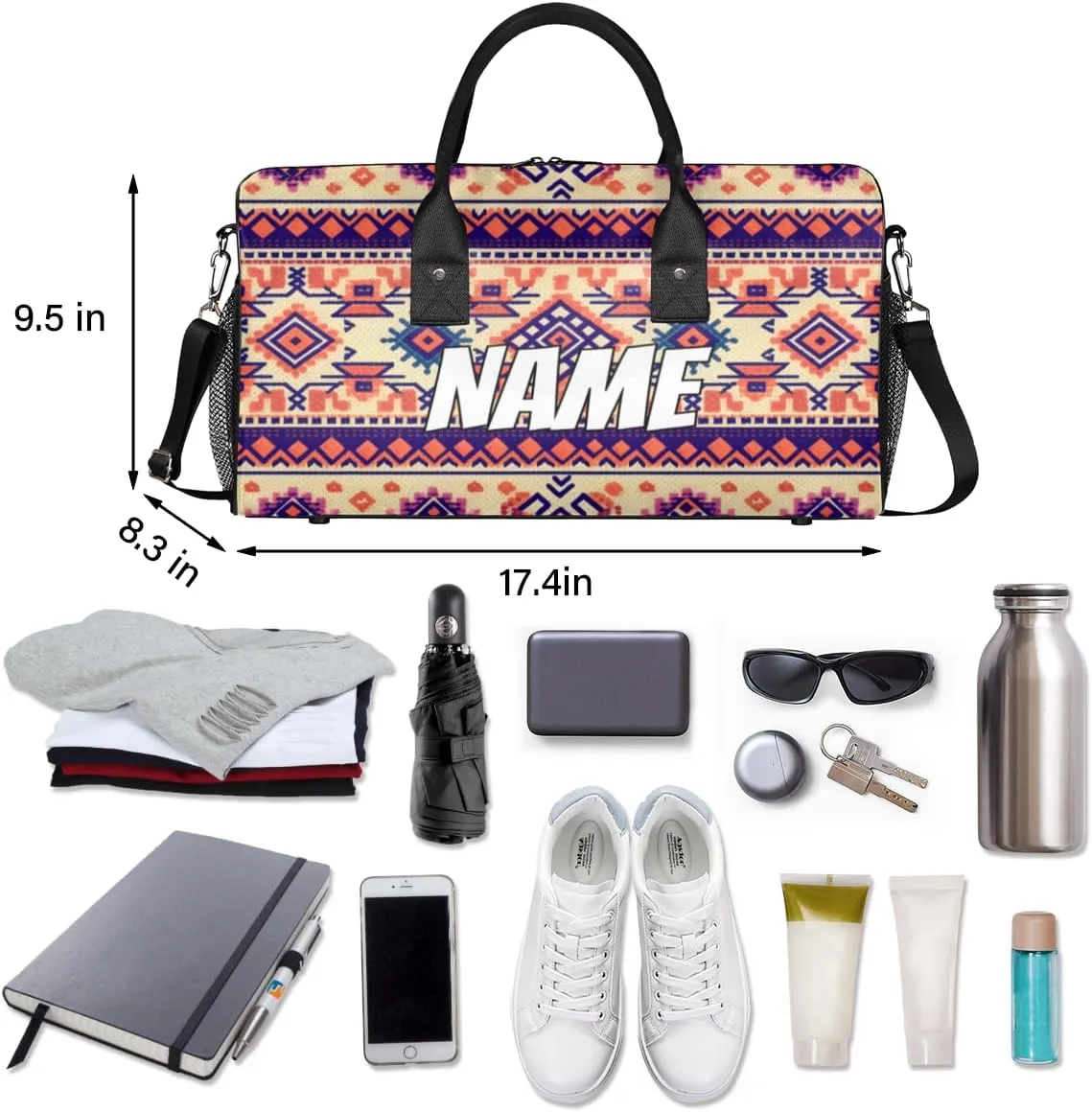 Personalized Aztec Tribe Travel Duffel Bag with Name, Custom Gym Sport Bag Retro Style Carry On Weekend Overnight Duffel Bag for Men Women