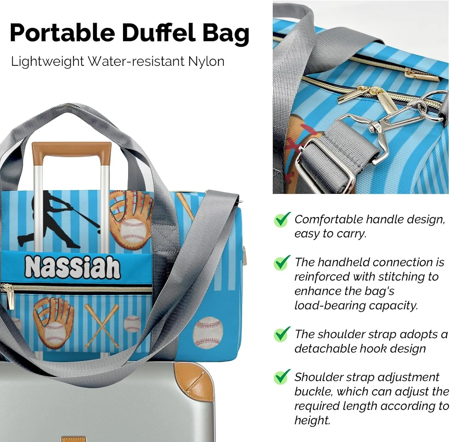 Personalized Baseball Player Stripes Sky Duffel Bag,Customized Sport Player Travel Bag for Gifts