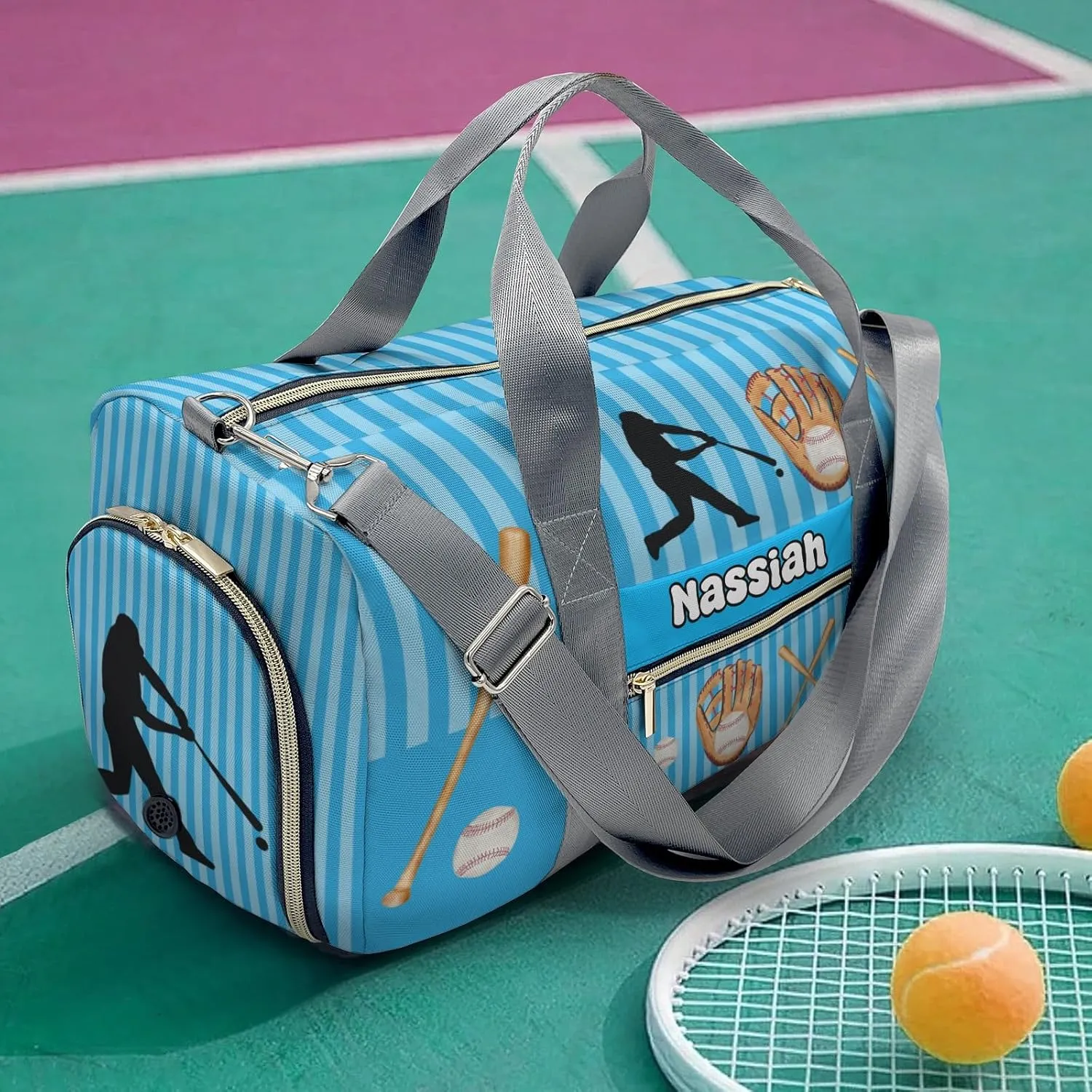 Personalized Baseball Player Stripes Sky Duffel Bag,Customized Sport Player Travel Bag for Gifts