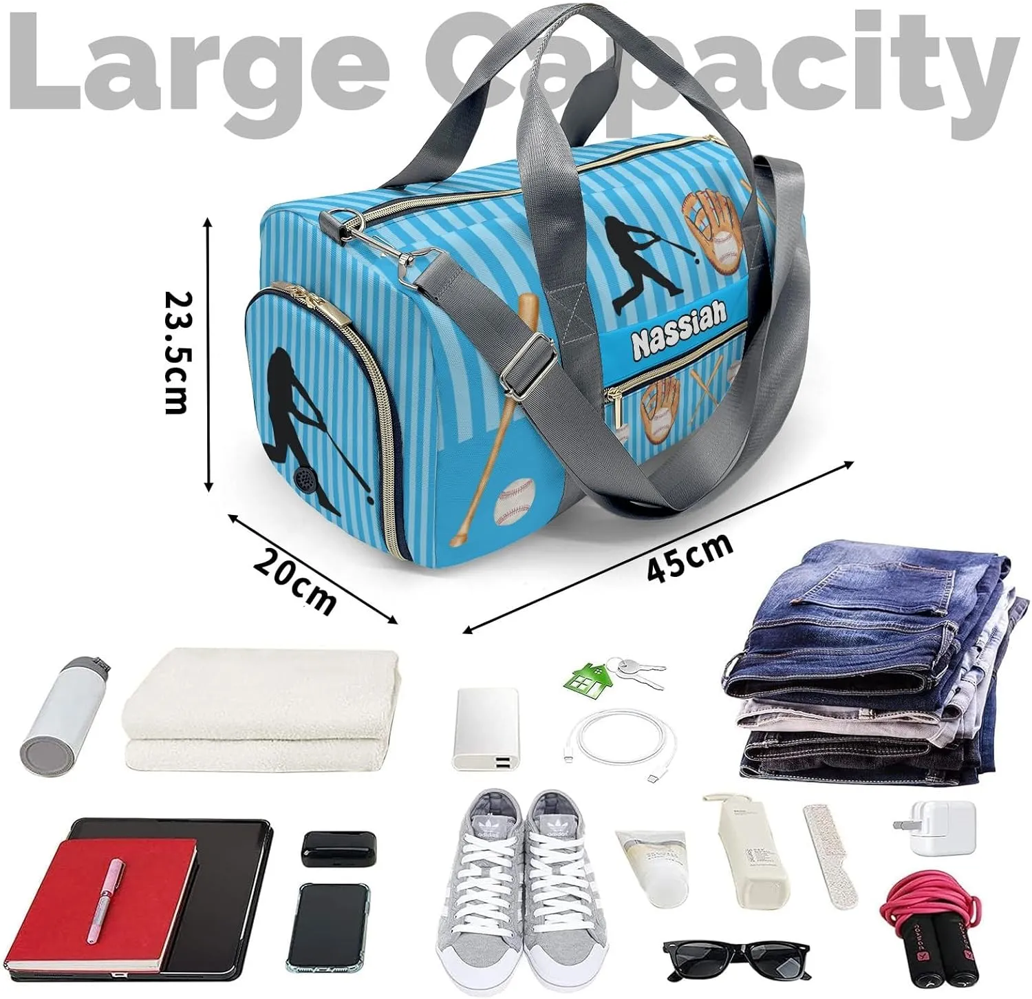 Personalized Baseball Player Stripes Sky Duffel Bag,Customized Sport Player Travel Bag for Gifts