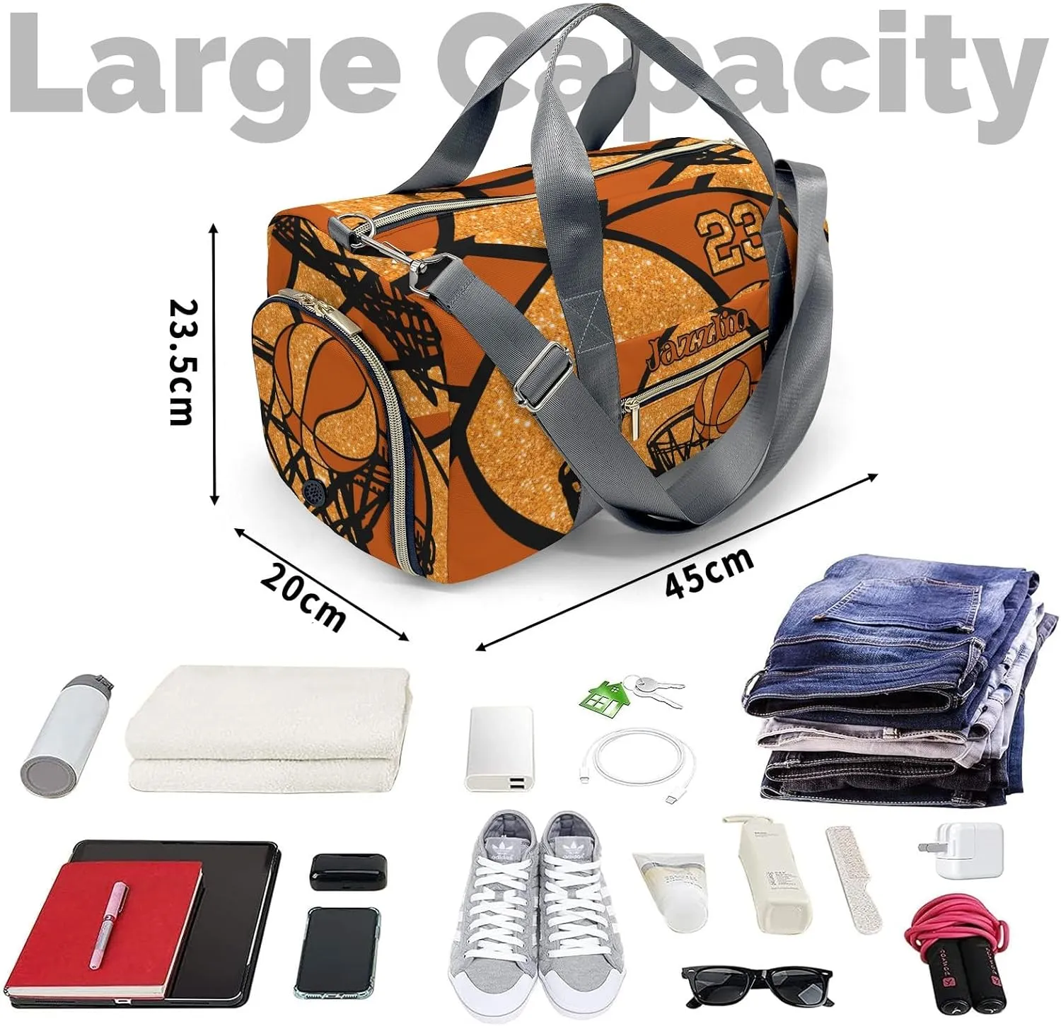 Personalized Basketball Gym Orange Duffel Bag,Customized Sport Player Travel Bag for Gifts
