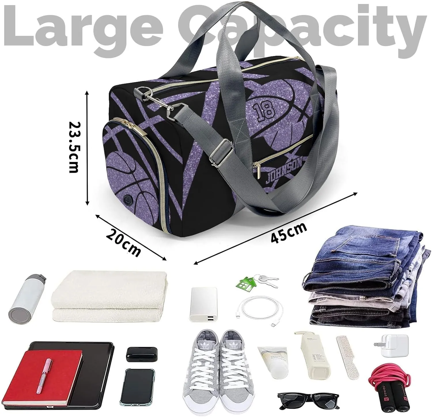 Personalized Basketball Purple Duffel Bag,Customized Sport Player Travel Bag for Gifts