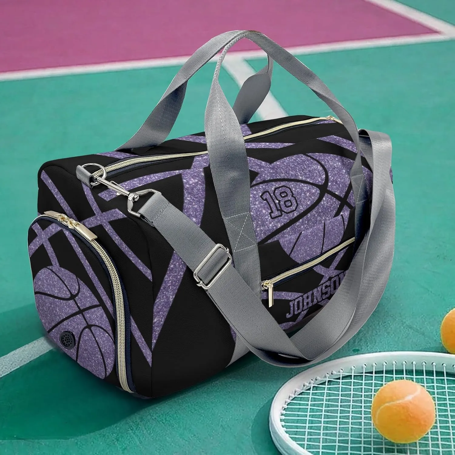 Personalized Basketball Purple Duffel Bag,Customized Sport Player Travel Bag for Gifts