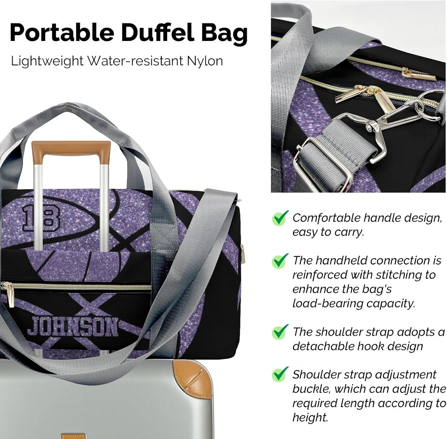 Personalized Basketball Purple Duffel Bag,Customized Sport Player Travel Bag for Gifts