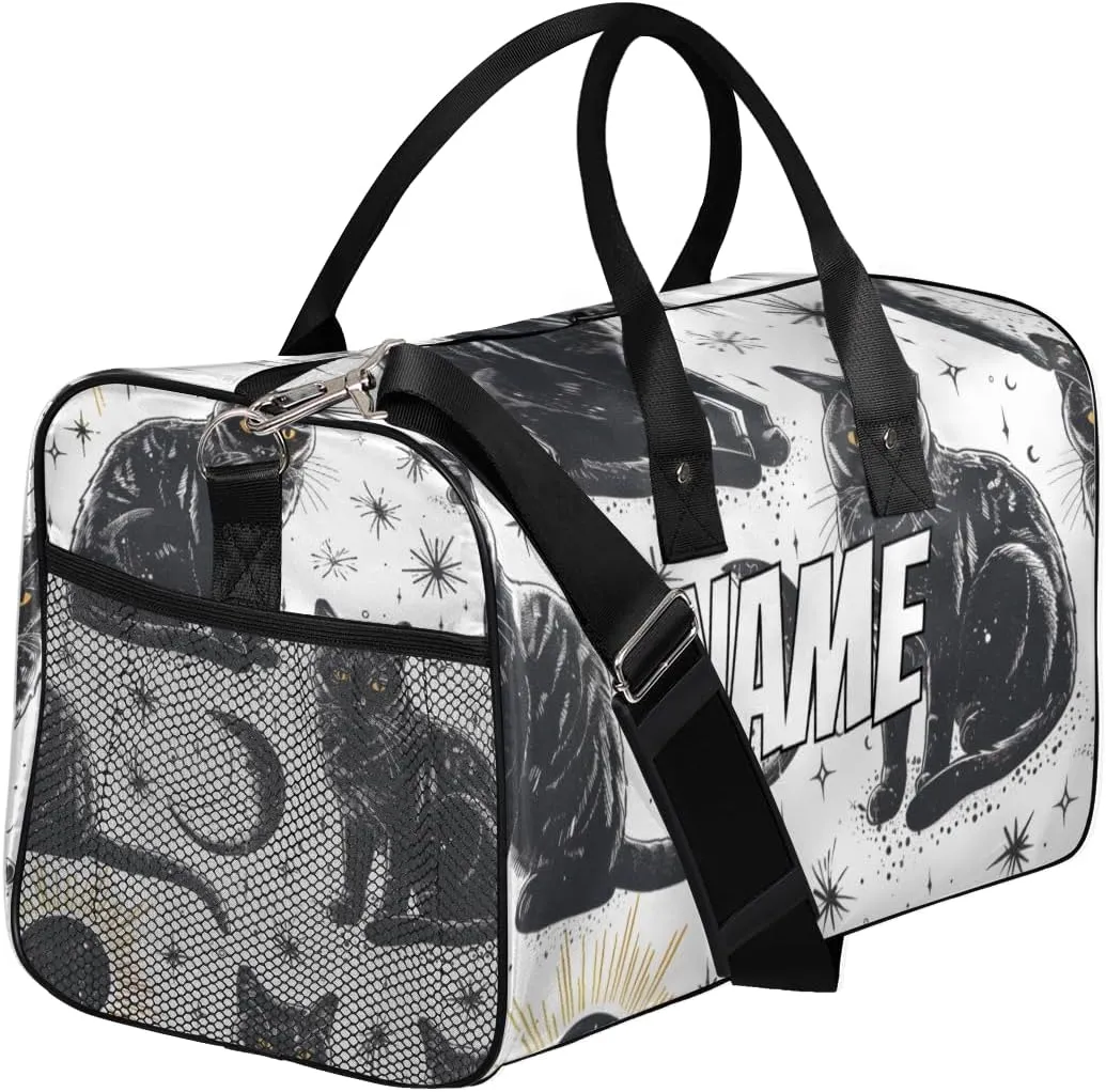 Personalized Black Cats Travel Duffel Bag with Name, Custom Gym Sport Bag Sun Moon Carry On Weekend Overnight Duffel Bag for Men Women