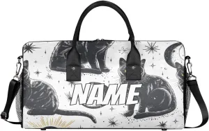 Personalized Black Cats Travel Duffel Bag with Name, Custom Gym Sport Bag Sun Moon Carry On Weekend Overnight Duffel Bag for Men Women