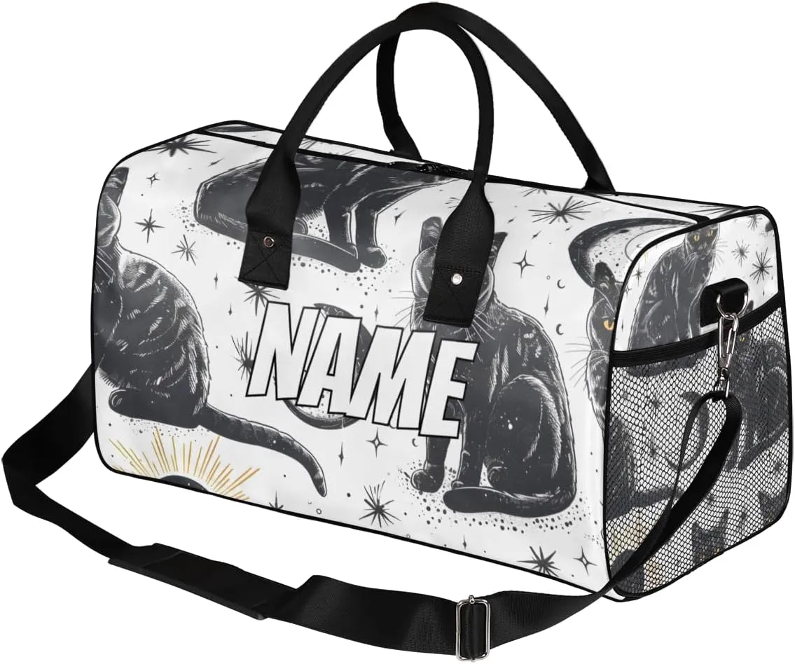 Personalized Black Cats Travel Duffel Bag with Name, Custom Gym Sport Bag Sun Moon Carry On Weekend Overnight Duffel Bag for Men Women