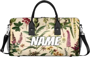 Personalized Boho Wildflower Travel Duffel Bag with Name, Custom Gym Sport Bag Botanical Vintage Carry On Weekend Overnight Duffel Bag for Men Women