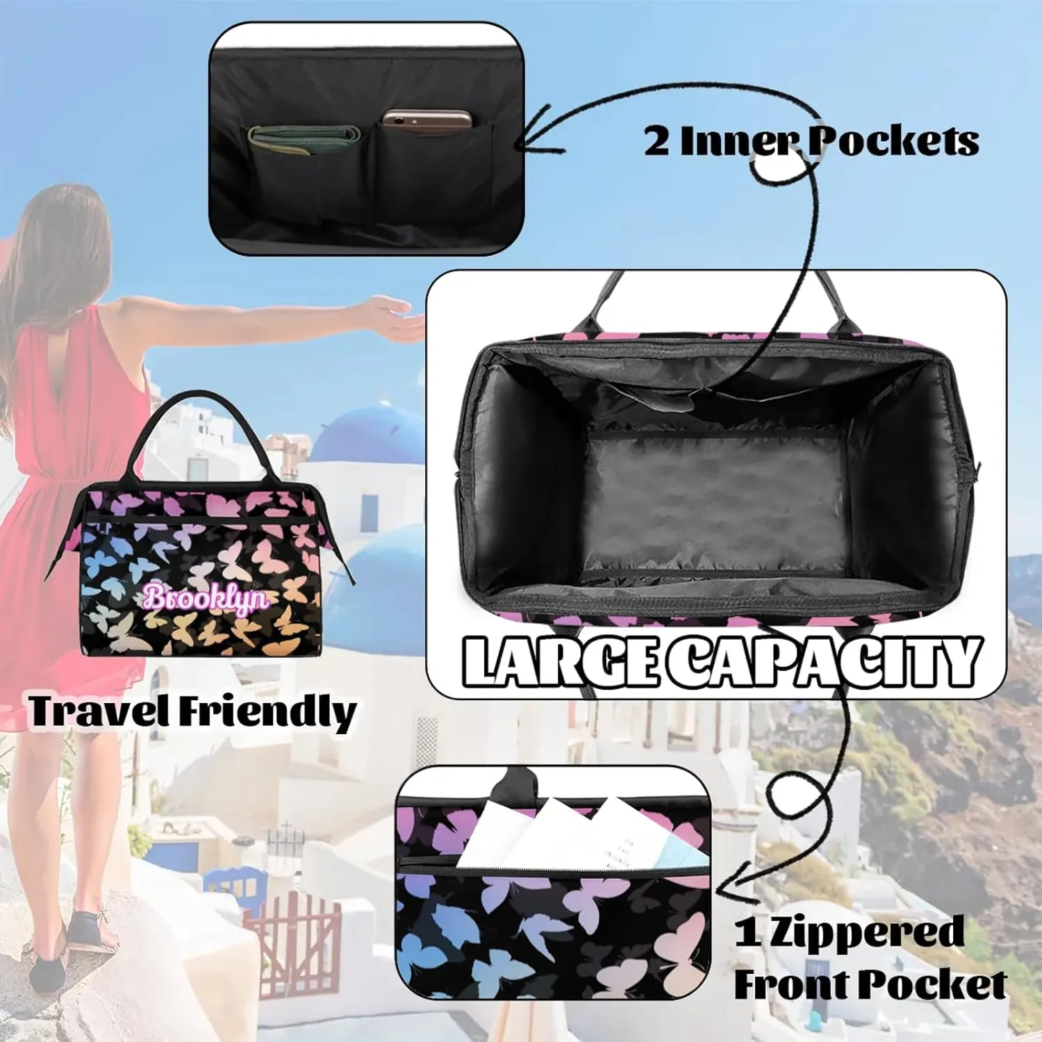 Personalized Butterfly Duffel Bag with Name Custom Travel Sports Bag for Women Men Waterproof Dance Ballet Bag Lightweight 15.2in, Multi Pink
