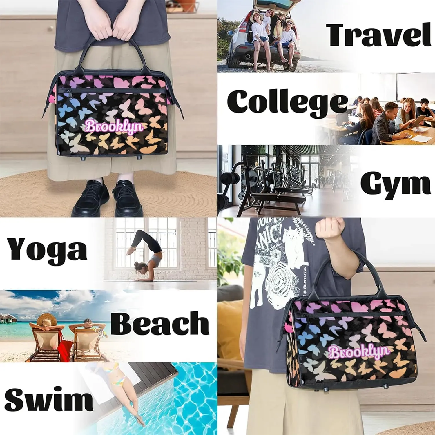 Personalized Butterfly Duffel Bag with Name Custom Travel Sports Bag for Women Men Waterproof Dance Ballet Bag Lightweight 15.2in, Multi Pink