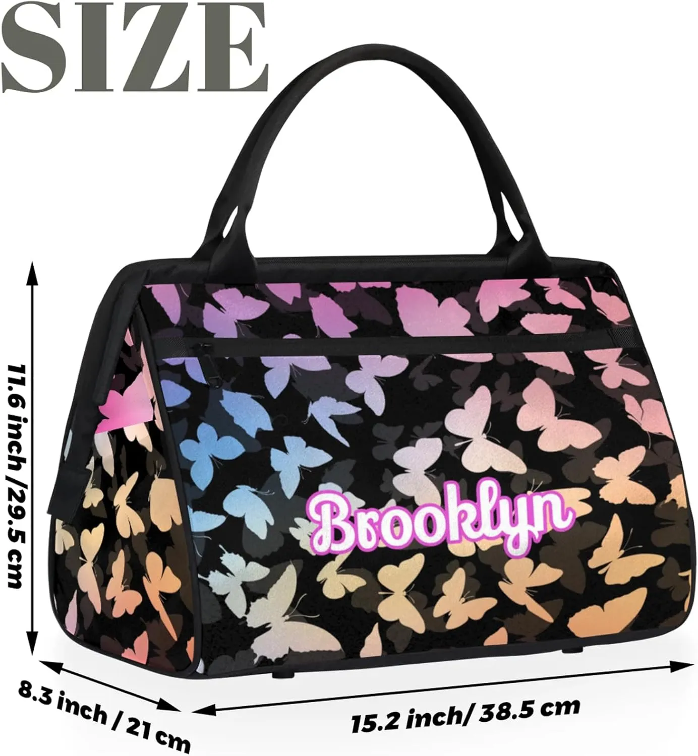 Personalized Butterfly Duffel Bag with Name Custom Travel Sports Bag for Women Men Waterproof Dance Ballet Bag Lightweight 15.2in, Multi Pink