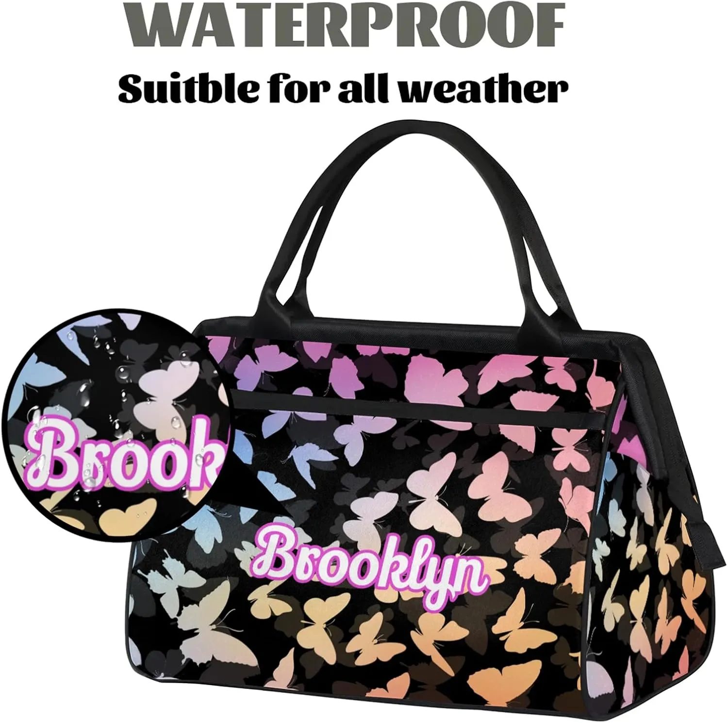 Personalized Butterfly Duffel Bag with Name Custom Travel Sports Bag for Women Men Waterproof Dance Ballet Bag Lightweight 15.2in, Multi Pink