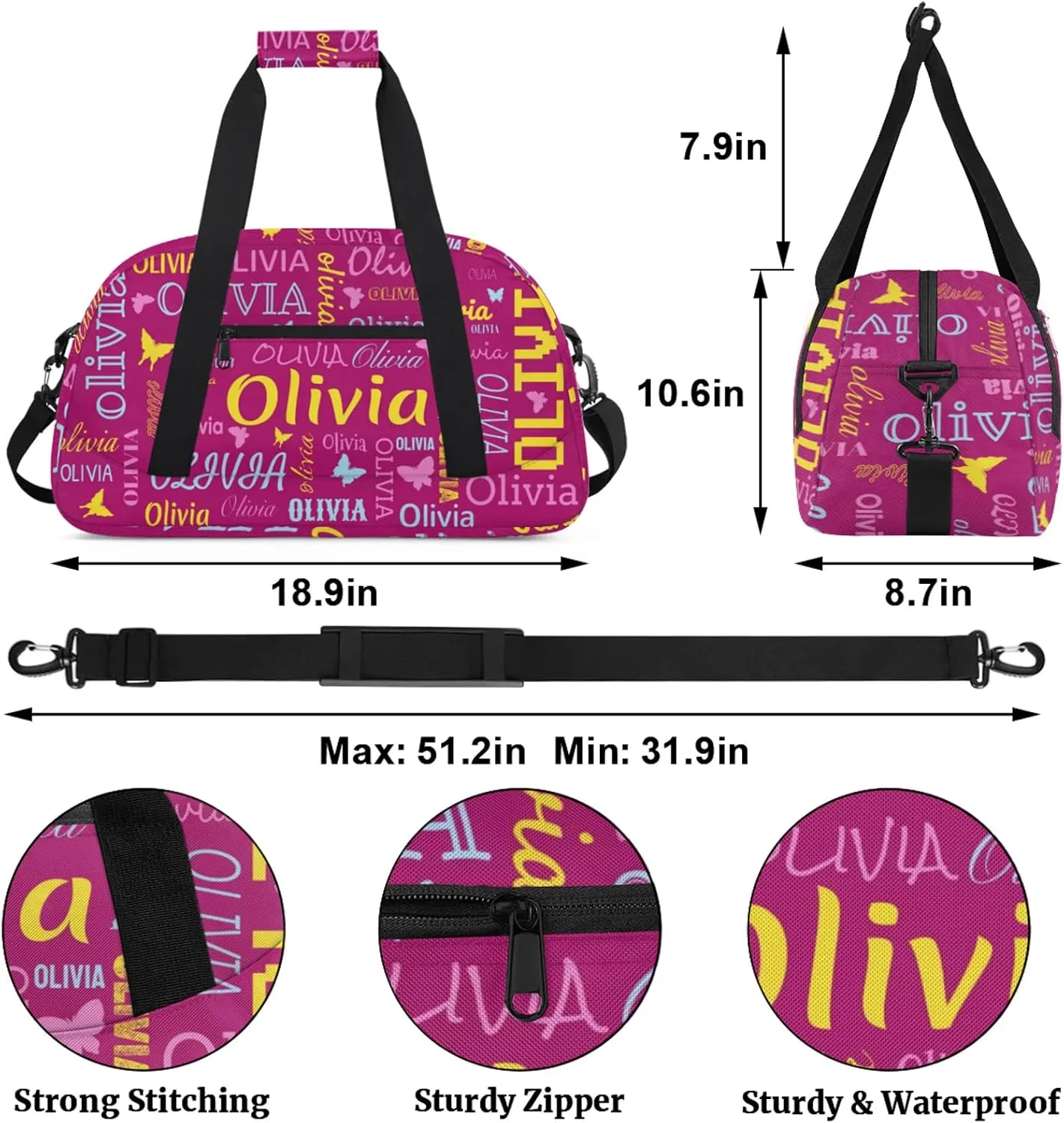 Personalized Butterfly Duffel Bag with Name Custom Travel Sports Bag for Women Men Waterproof Dance Ballet Bag Lightweight 18.9in, Berry
