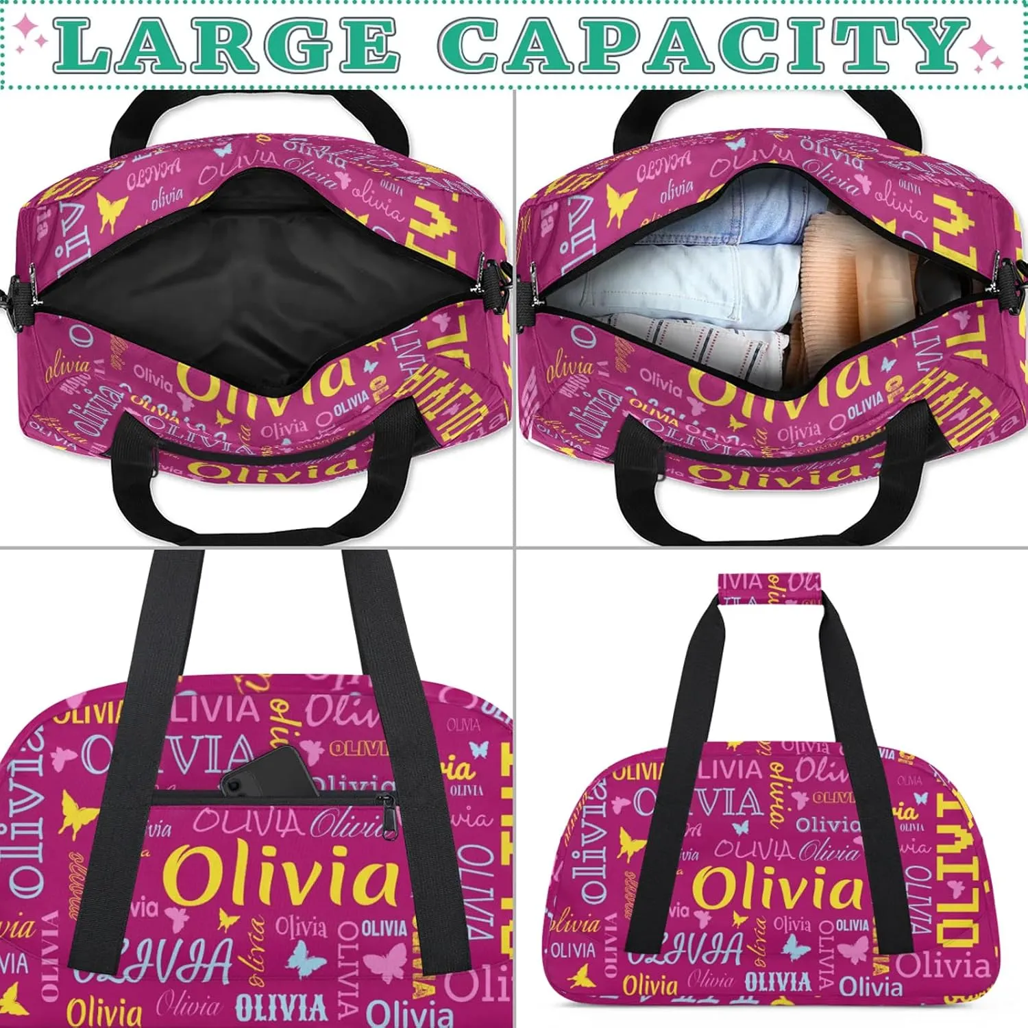 Personalized Butterfly Duffel Bag with Name Custom Travel Sports Bag for Women Men Waterproof Dance Ballet Bag Lightweight 18.9in, Berry